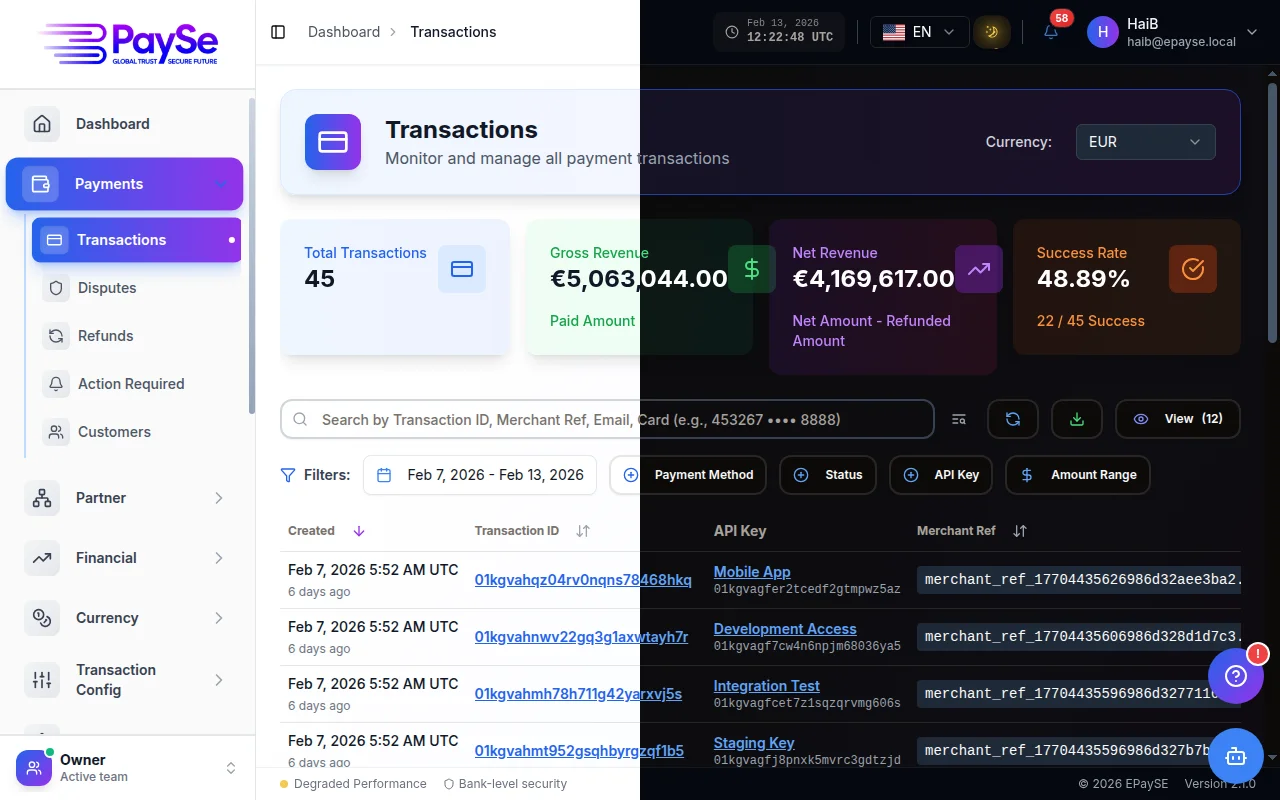 EPaySe transaction management dashboard showing payment processing